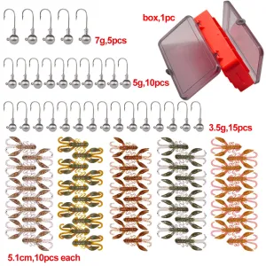 3 sizes of Jig Heads, 50pcs of 5colours of Shrimps 5.1cm with double side soft plastic box D