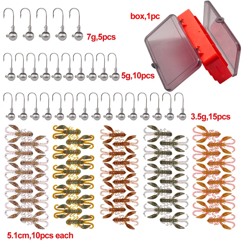 3 sizes of Jig Heads, 50pcs of 5colours of Shrimps 5.1cm with double side soft plastic box D