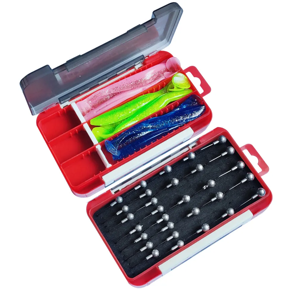 30pcs of 3 sizes of Jig Heads, 9pcs of 3 colours of Larger Paddle Tails 12cm with double side soft plastic box A