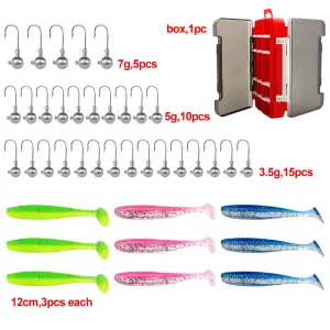 30pcs of 3 sizes of Jig Heads, 9pcs of 3 colours of Larger Paddle Tails 12cm with double side soft plastic box A