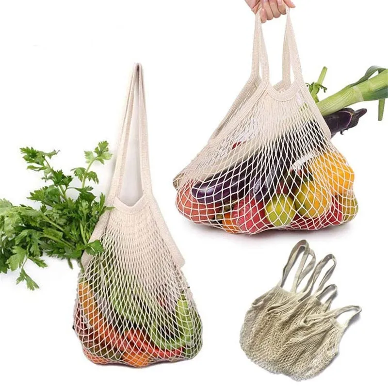 3pcs Reusable Washable Cotton Mesh Produce Drawstring Bag for Vegetable Fruit Kitchen