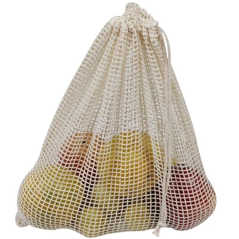 3pcs Reusable Washable Cotton Mesh Produce Drawstring Bag for Vegetable Fruit Kitchen
