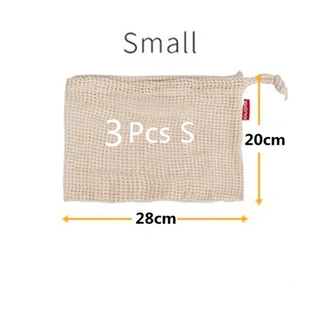 3pcs Reusable Washable Cotton Mesh Produce Drawstring Bag for Vegetable Fruit Kitchen