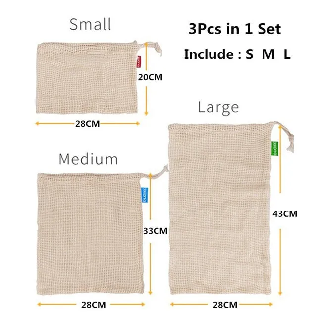 3pcs Reusable Washable Cotton Mesh Produce Drawstring Bag for Vegetable Fruit Kitchen