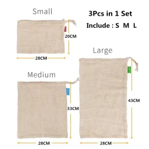 3pcs Reusable Washable Cotton Mesh Produce Drawstring Bag for Vegetable Fruit Kitchen