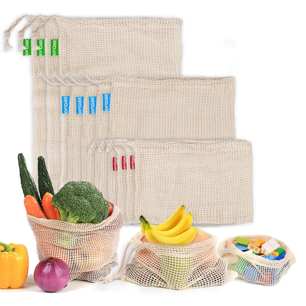 3pcs Reusable Washable Cotton Mesh Produce Drawstring Bag for Vegetable Fruit Kitchen