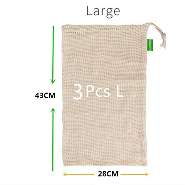 3pcs Reusable Washable Cotton Mesh Produce Drawstring Bag for Vegetable Fruit Kitchen