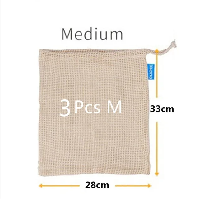 3pcs Reusable Washable Cotton Mesh Produce Drawstring Bag for Vegetable Fruit Kitchen