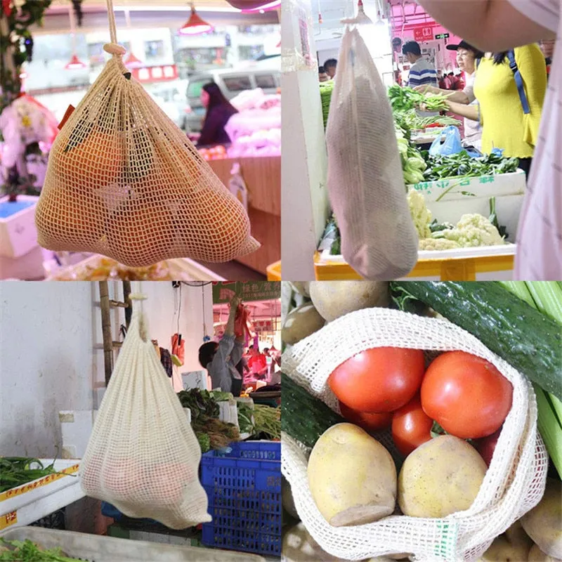 3pcs Reusable Washable Cotton Mesh Produce Drawstring Bag for Vegetable Fruit Kitchen