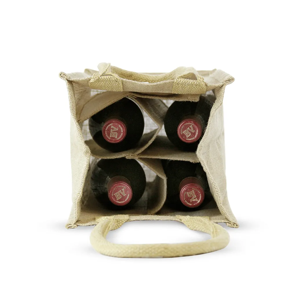 4 Bottle Jute Wine Bag with cotton webbed handles