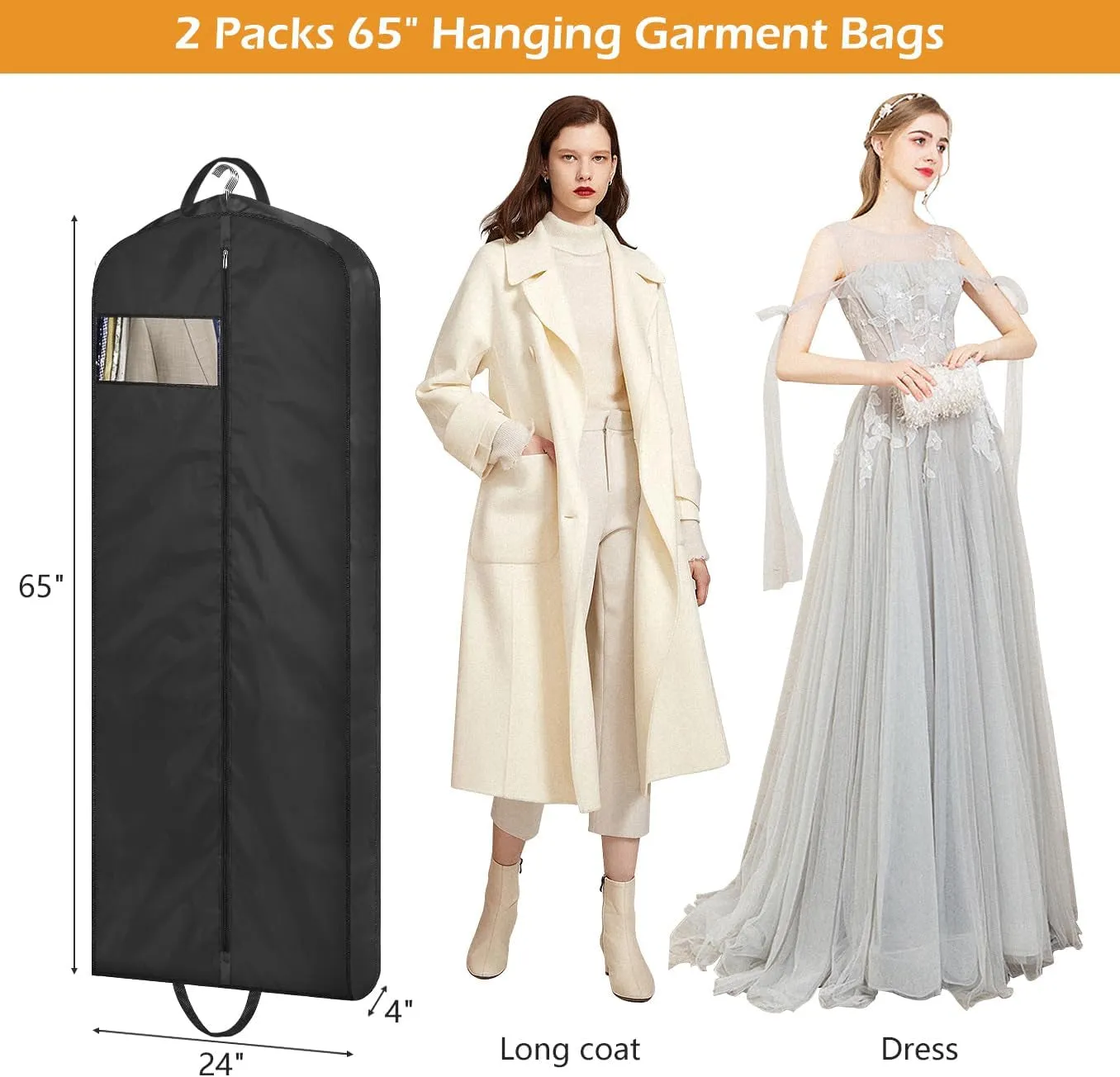 65" Waterproof Garment Bags 2 Packs for Gowns Tuxedos Coats Wedding Dress
