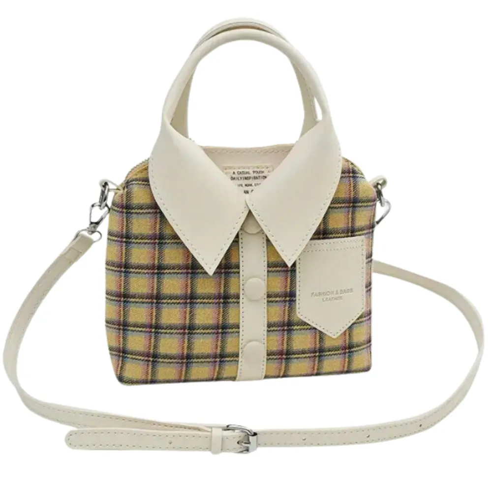 A "WHERE DID YOU GET THAT HANDBAG?" BEIGE Plaid Canvas Shirt Style Crossbody/Handbag