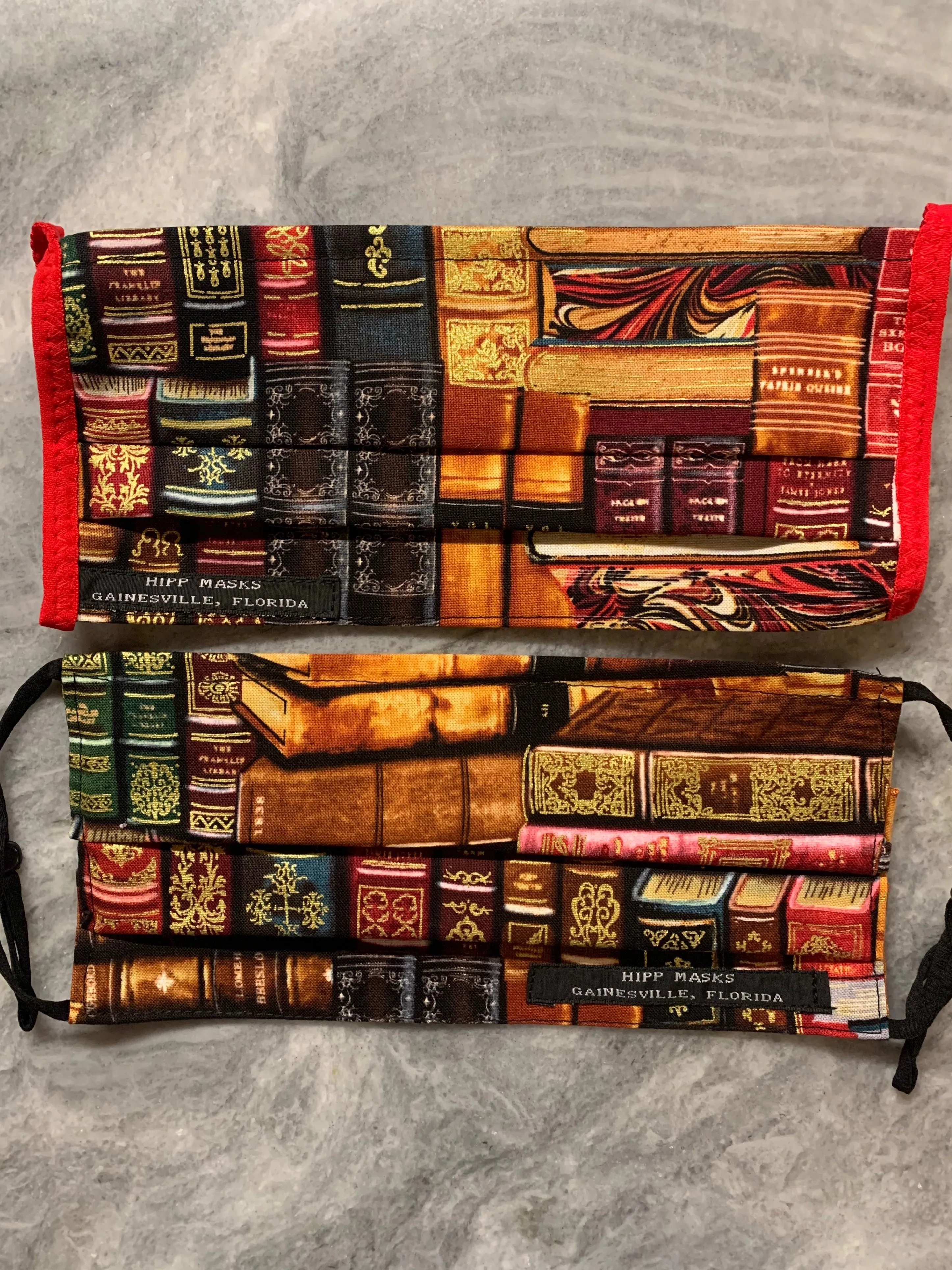 Alachua County Library District:  Gold Embellished Book Stacks with Red or Black Foldover Elastic for Ears