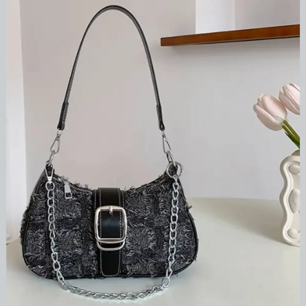 Baguette Handbag BLACK Frayed Edge Double Strap & Chain/Buckle & Stitch Decor