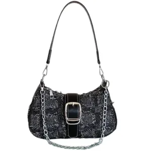 Baguette Handbag BLACK Frayed Edge Double Strap & Chain/Buckle & Stitch Decor