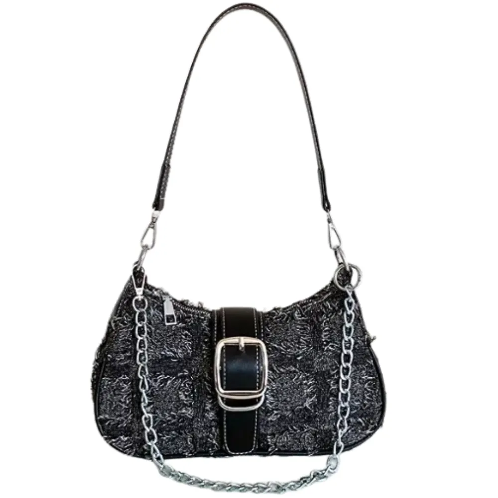 Baguette Handbag BLACK Frayed Edge Double Strap & Chain/Buckle & Stitch Decor