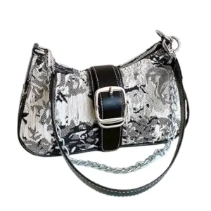 Baguette Handbag BLACK/WHITE Floral, Double Strap Chain/Buckle, Stitch Detail