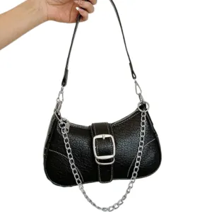 Baguette Handbag Textured BLACK Double Strap Chain/Buckle Detail Stitch Detail