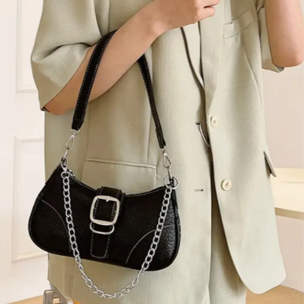 Baguette Handbag Textured BLACK Double Strap Chain/Buckle Detail Stitch Detail