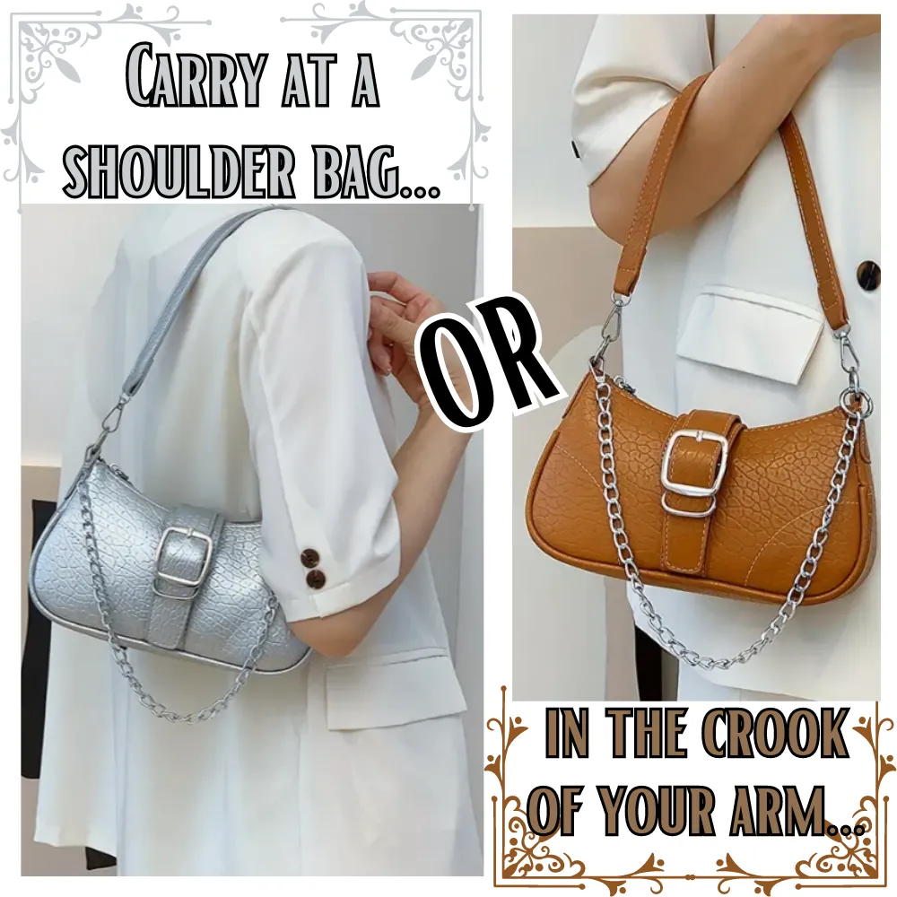 Baguette Handbag Textured SILVER, Double Strap Chain/Buckle Detail Stitch Detail