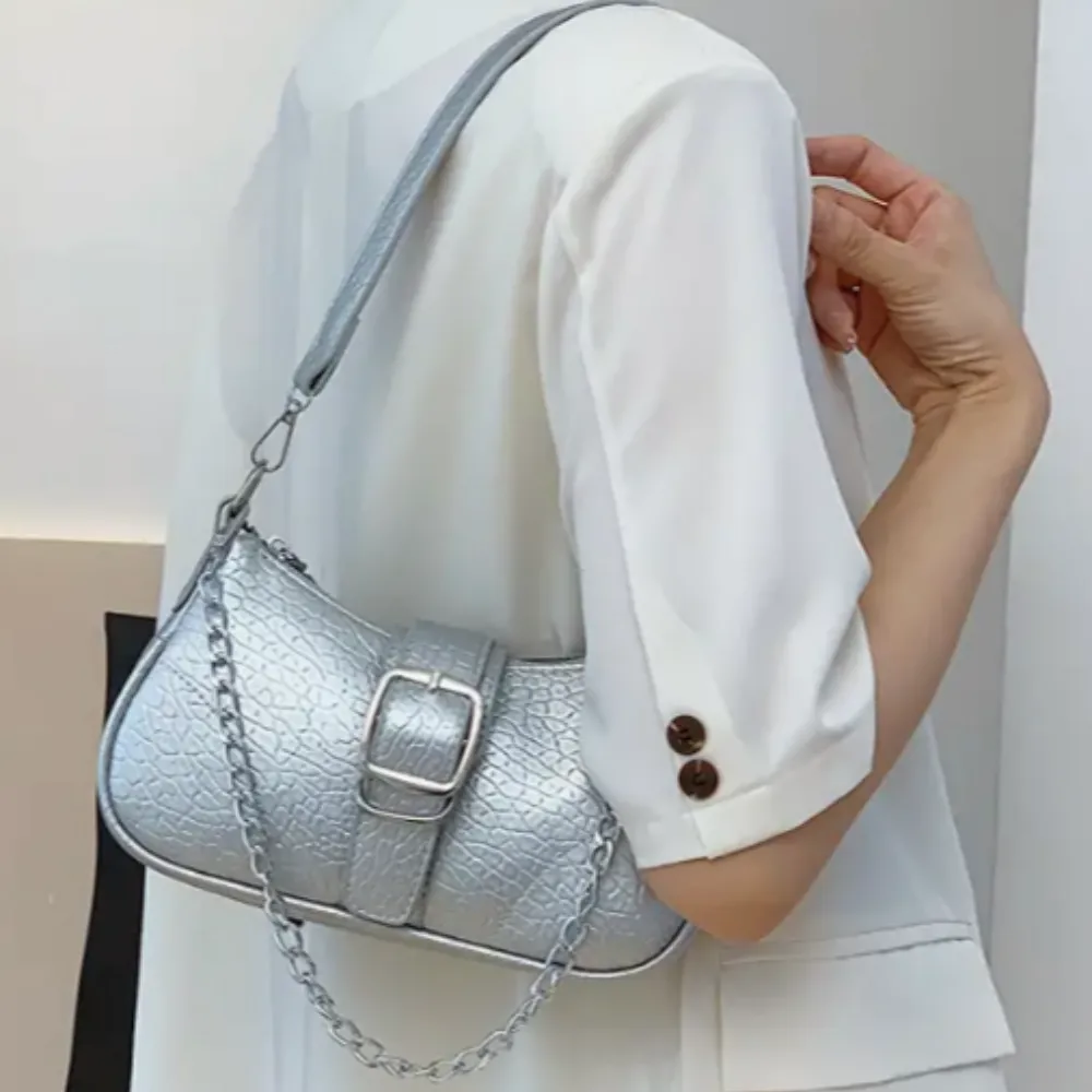 Baguette Handbag Textured SILVER, Double Strap Chain/Buckle Detail Stitch Detail
