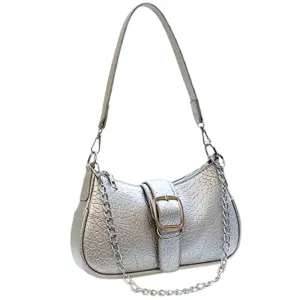 Baguette Handbag Textured SILVER, Double Strap Chain/Buckle Detail Stitch Detail