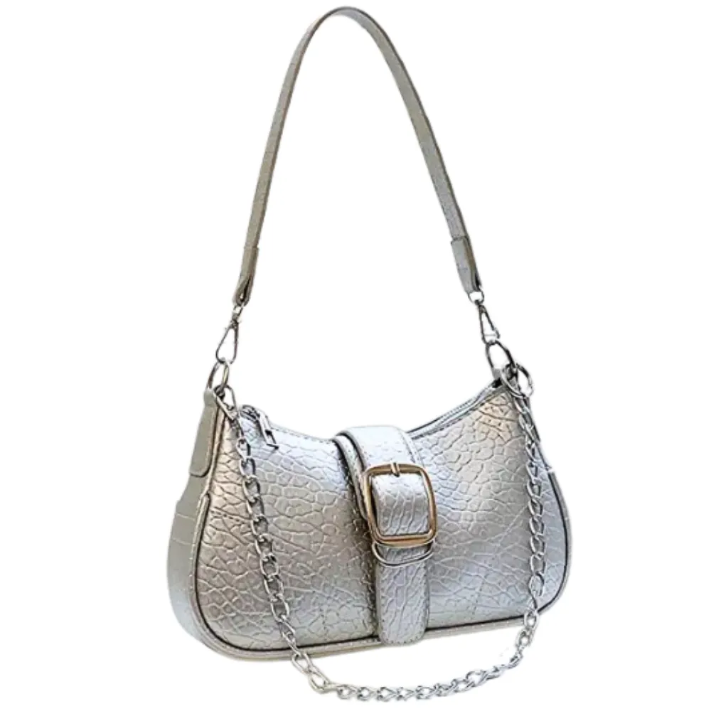 Baguette Handbag Textured SILVER, Double Strap Chain/Buckle Detail Stitch Detail