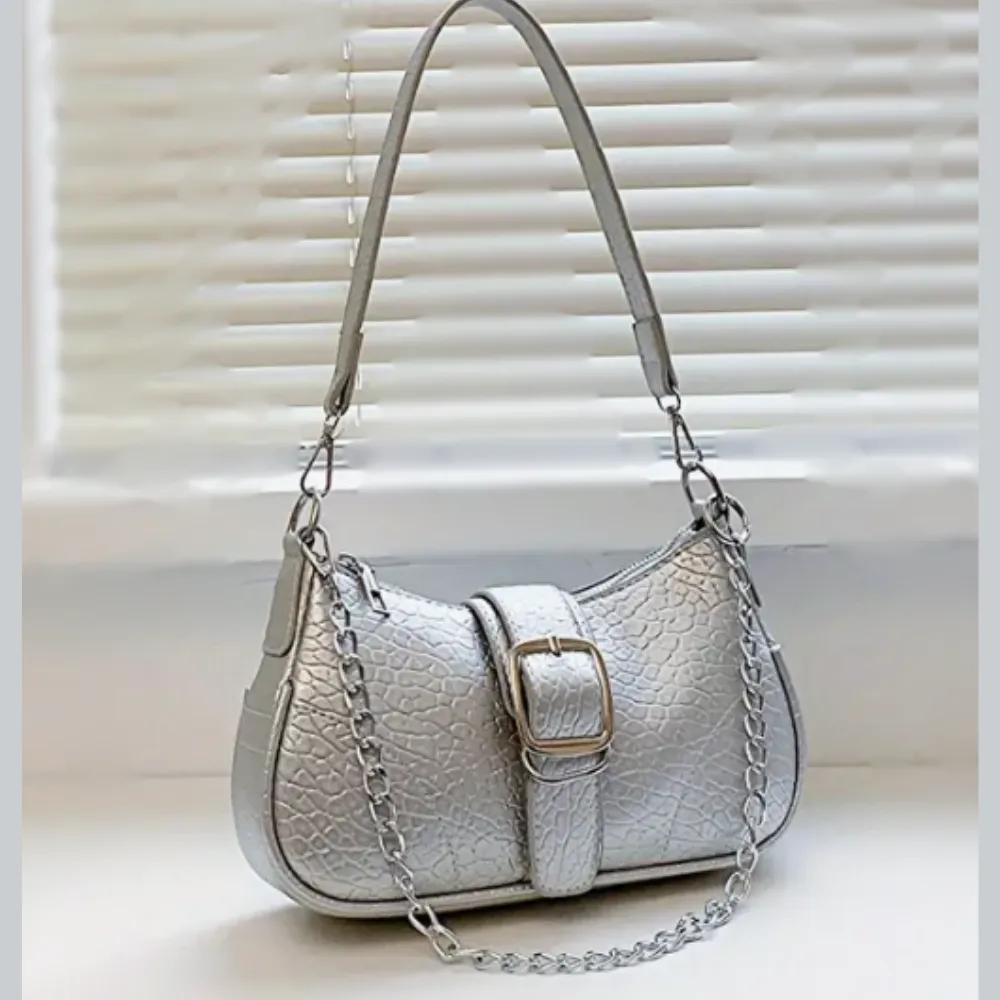 Baguette Handbag Textured SILVER, Double Strap Chain/Buckle Detail Stitch Detail