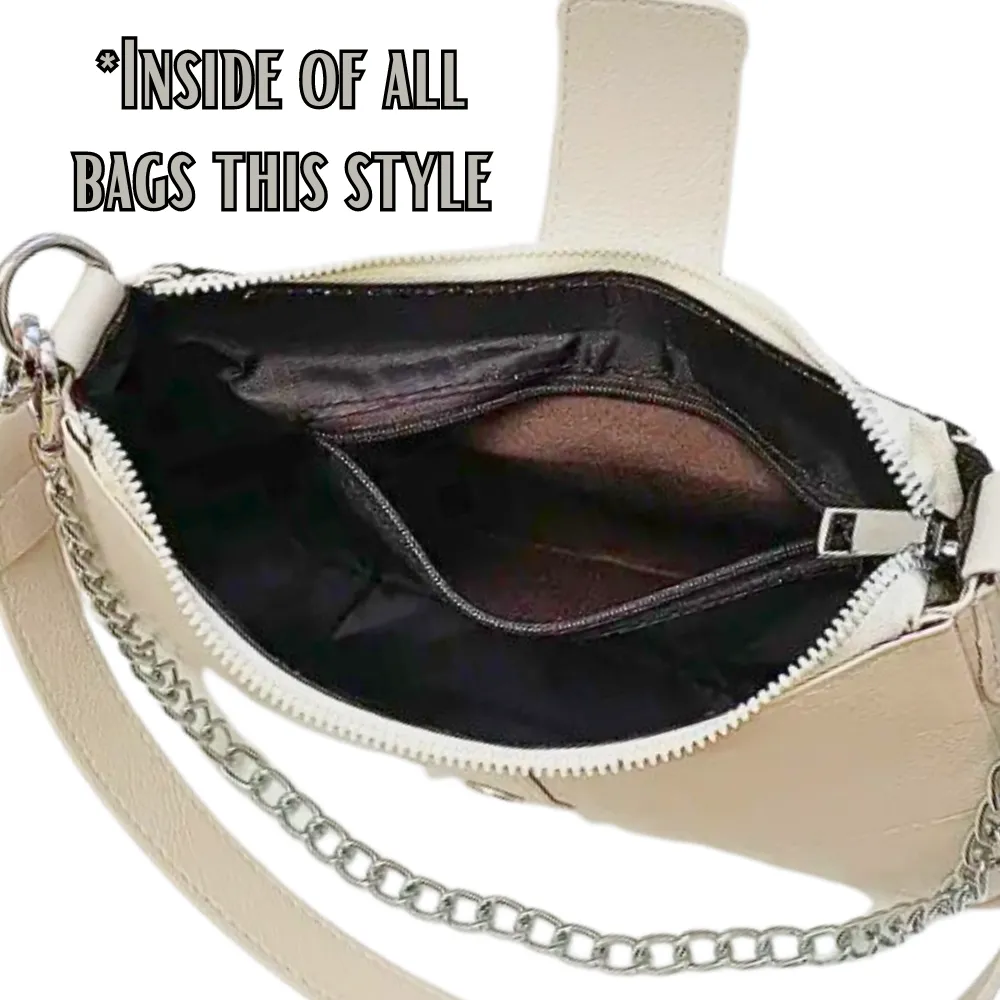 Baguette Handbag Textured SILVER, Double Strap Chain/Buckle Detail Stitch Detail