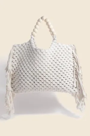 Beaded Handle Braided Tote Bag