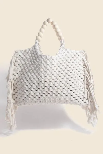 Beaded Handle Braided Tote Bag