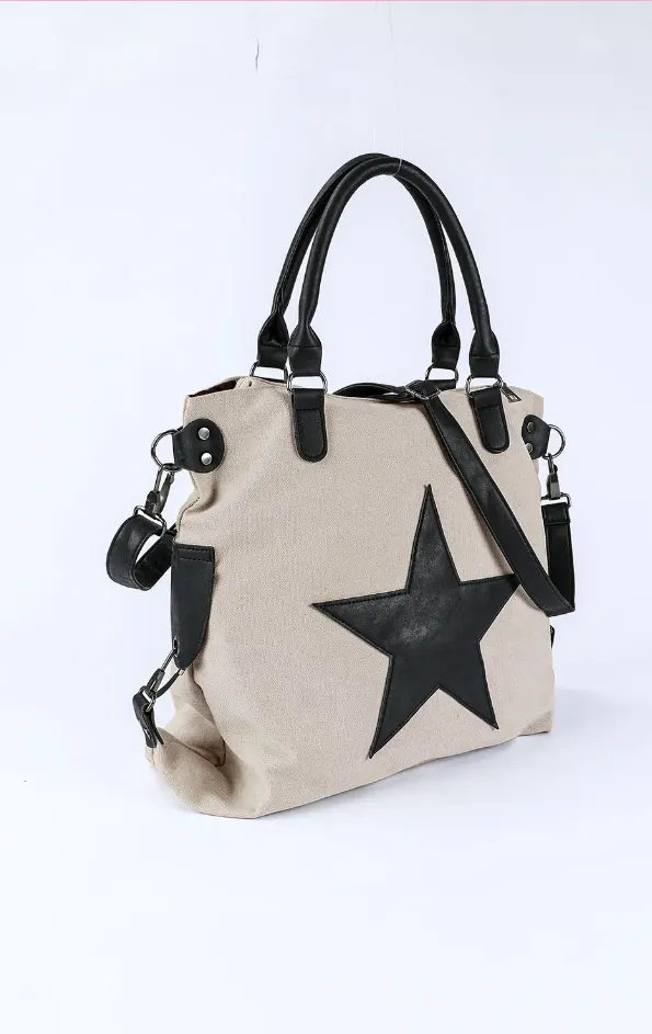 Beige Casual Five-pointed Star Canvas Handbag