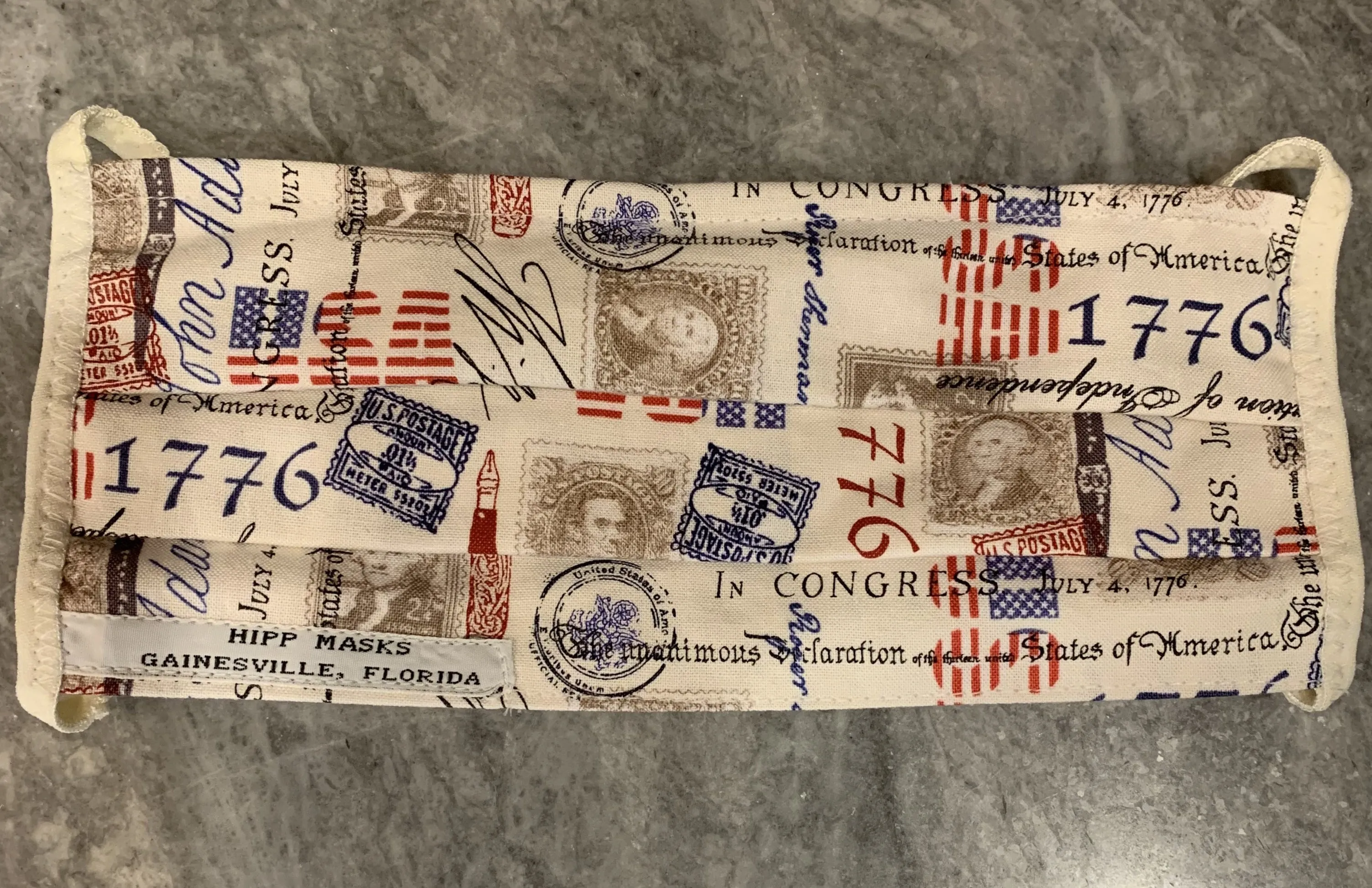 Bicentennial  Plaza: White with 1776 Patriotic Print with Ivory Foldover Elastic for Ears