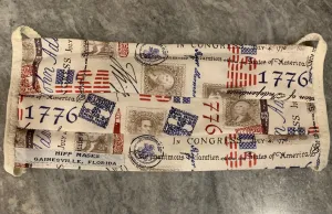 Bicentennial  Plaza: White with 1776 Patriotic Print with Ivory Foldover Elastic for Ears