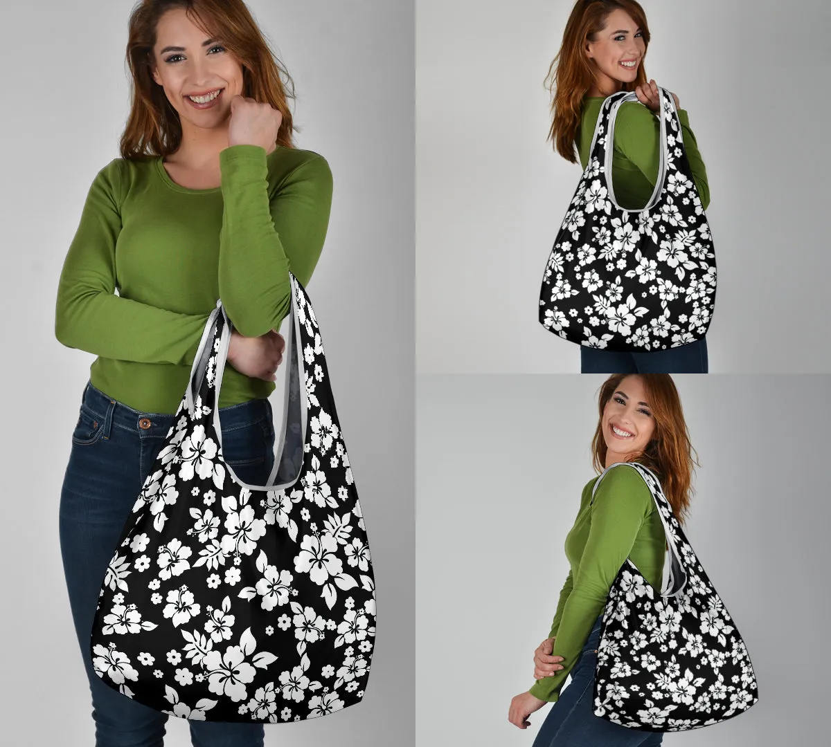 Black and White Hibiscus Flower Pattern Grocery Shopping Bags Pack of 3