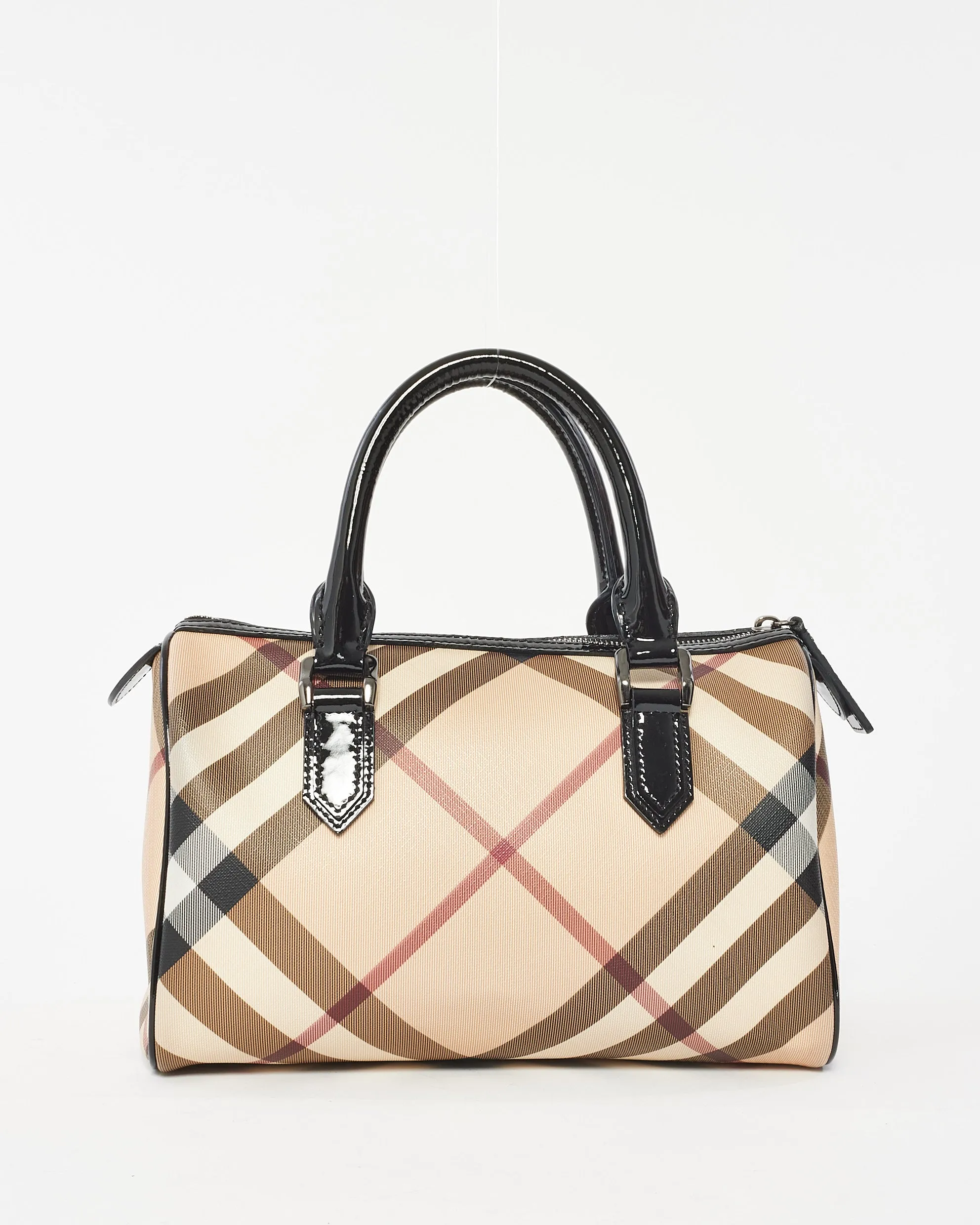 Burberry Beige & Black Nova Check Canvas and Patent Leather Chester Boston Bag