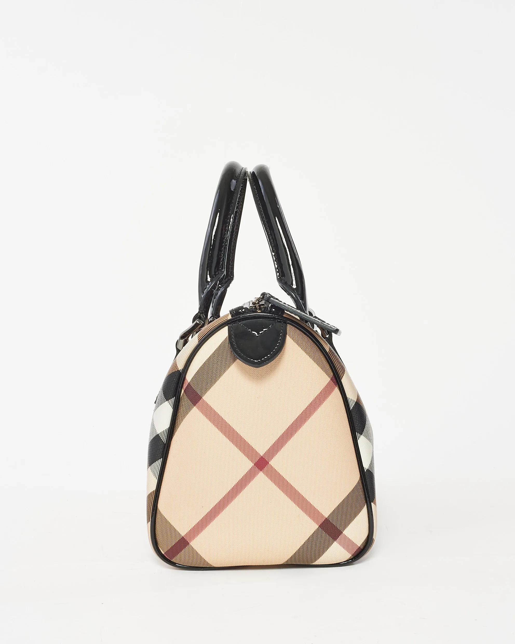 Burberry Beige & Black Nova Check Canvas and Patent Leather Chester Boston Bag