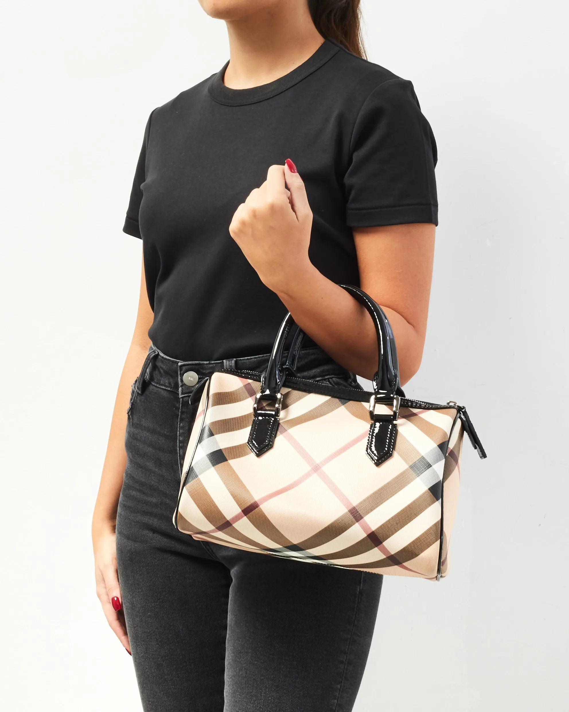 Burberry Beige & Black Nova Check Canvas and Patent Leather Chester Boston Bag