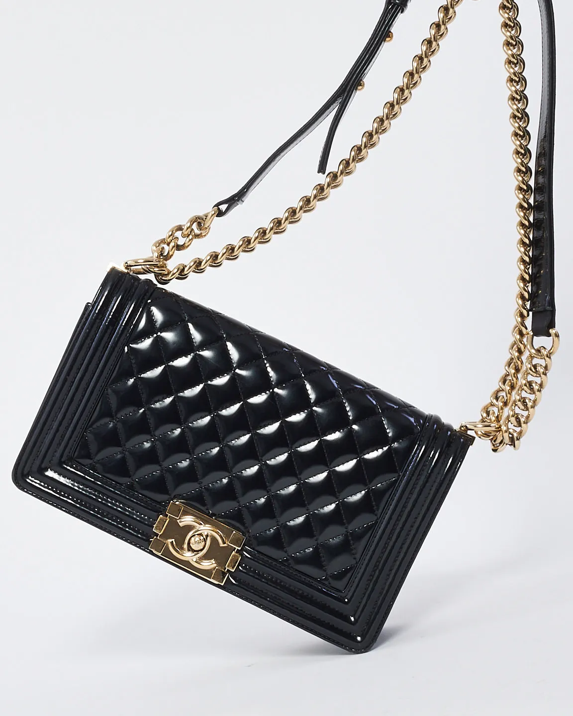 Chanel Black Patent Leather Medium Boy Bag GHW