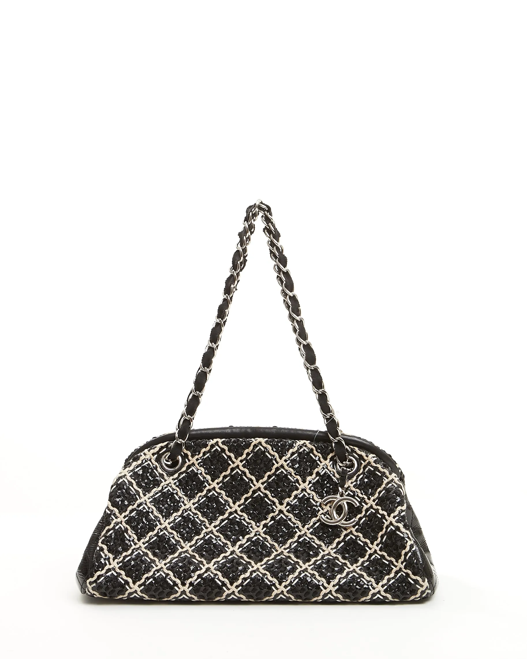Chanel Black/White Tweed Patent Leather Bowling Shoulder Bag