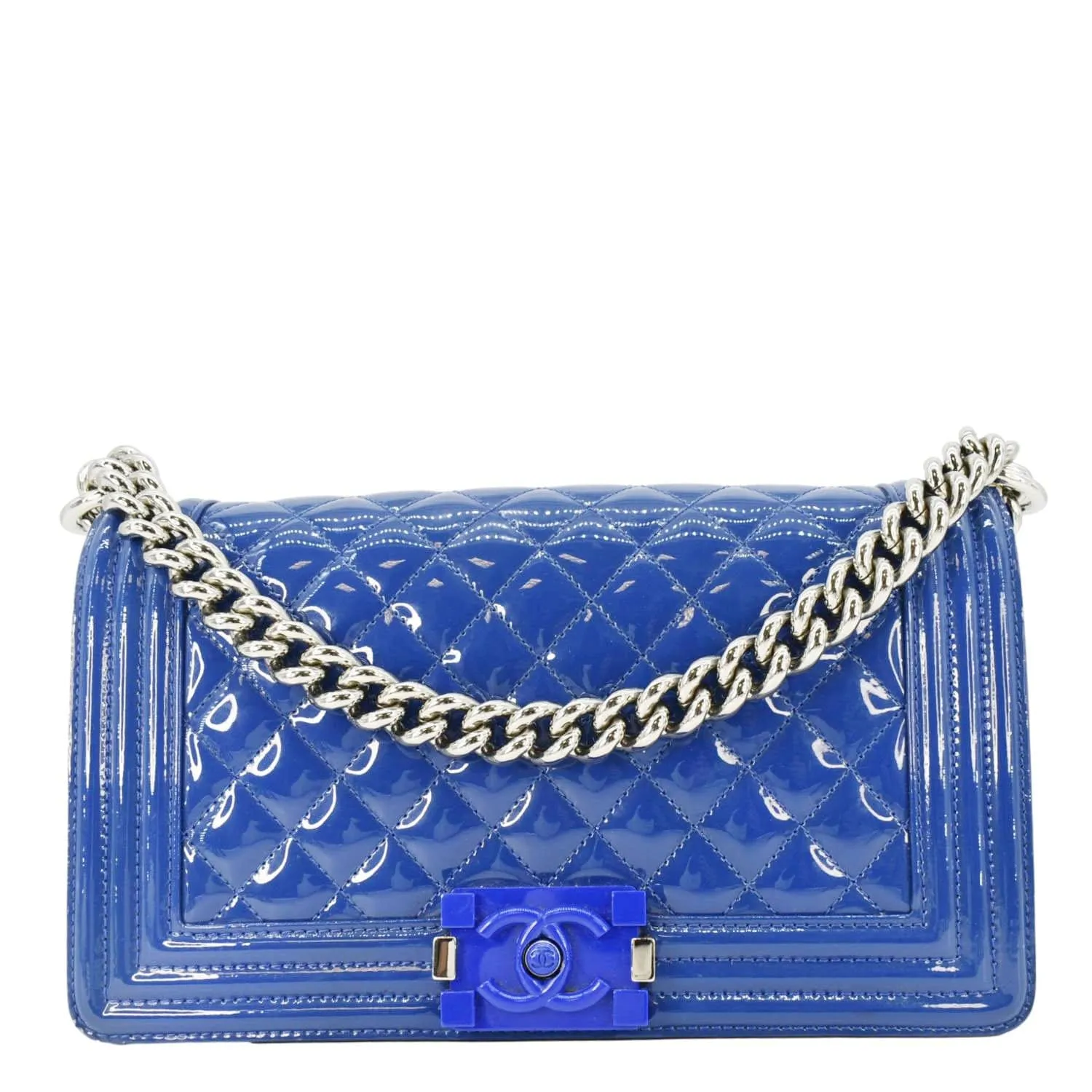 CHANEL Boy Flap Medium Plexiglass Patent Leather Crossbody Bag Blue