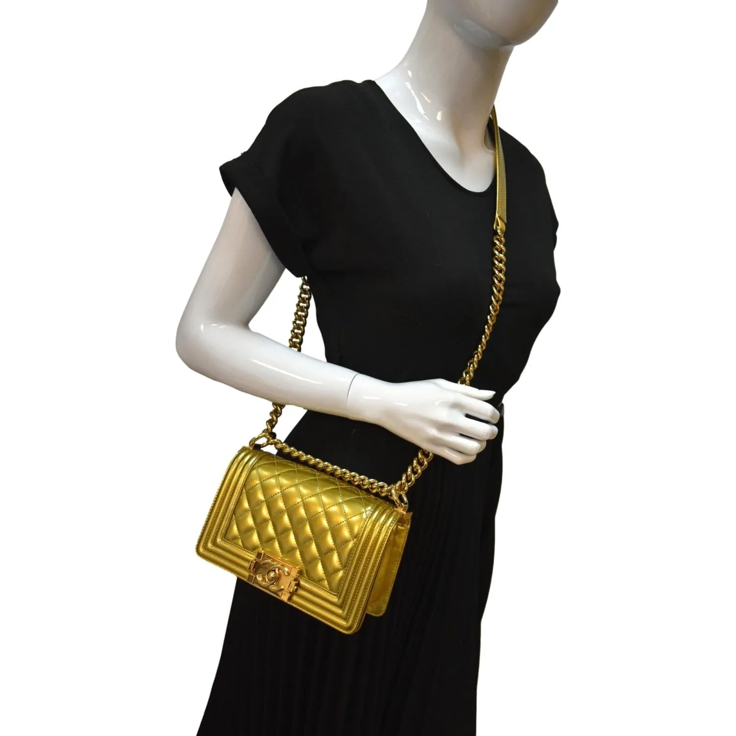 CHANEL Boy Flap Quilted Patent Leather Crossbody Bag Metallic Gold