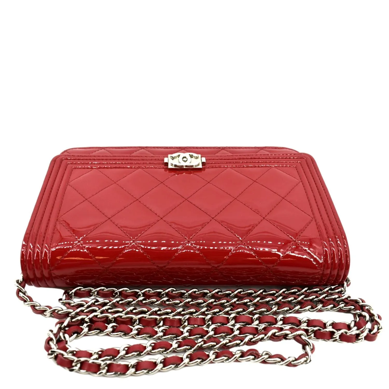 CHANEL Boy Woc Wallet on Chain Quilted Patent Leather Shoulder Bag Red