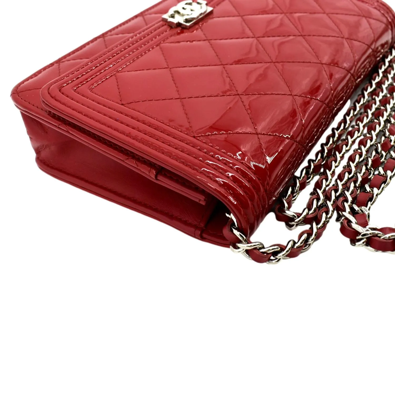 CHANEL Boy Woc Wallet on Chain Quilted Patent Leather Shoulder Bag Red
