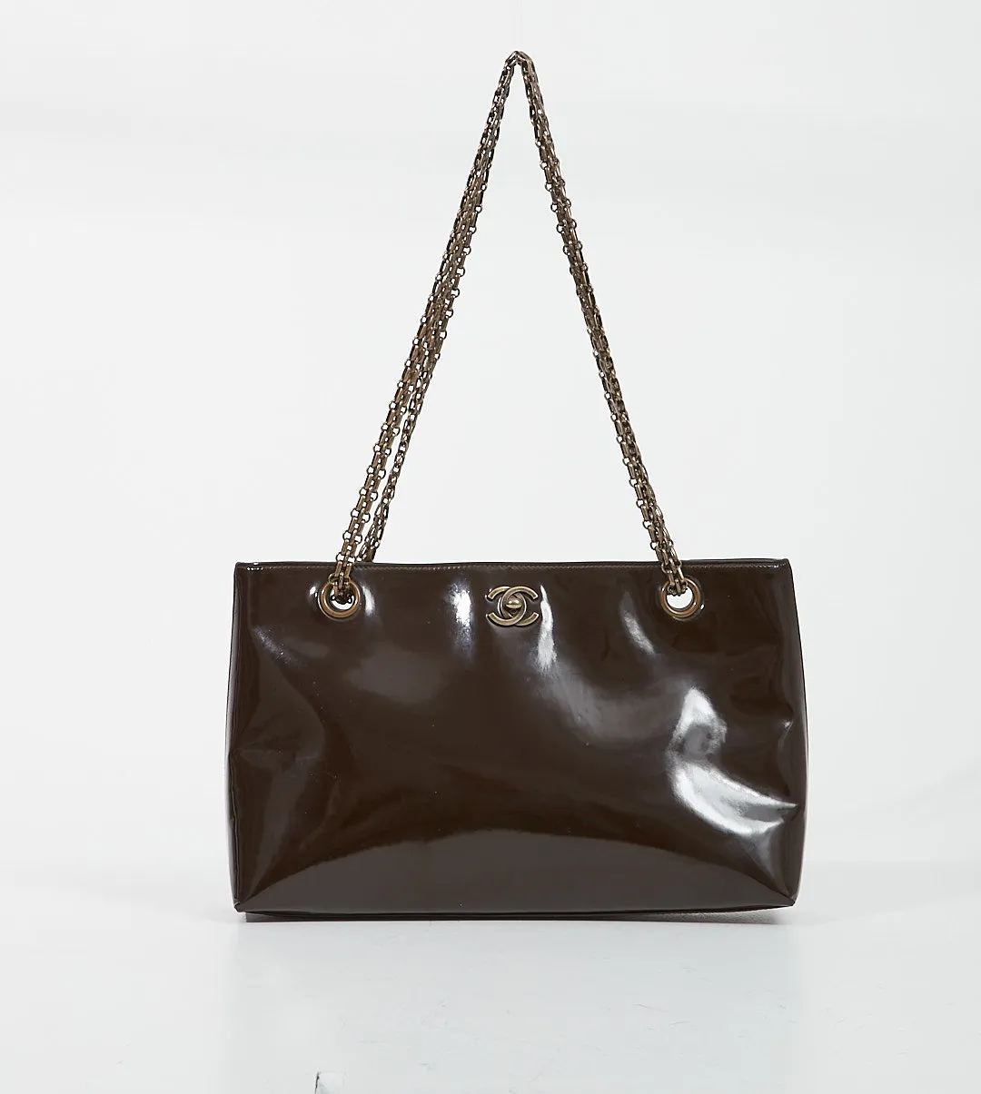 Chanel Brown Patent Chain Tote Shoulder Bag
