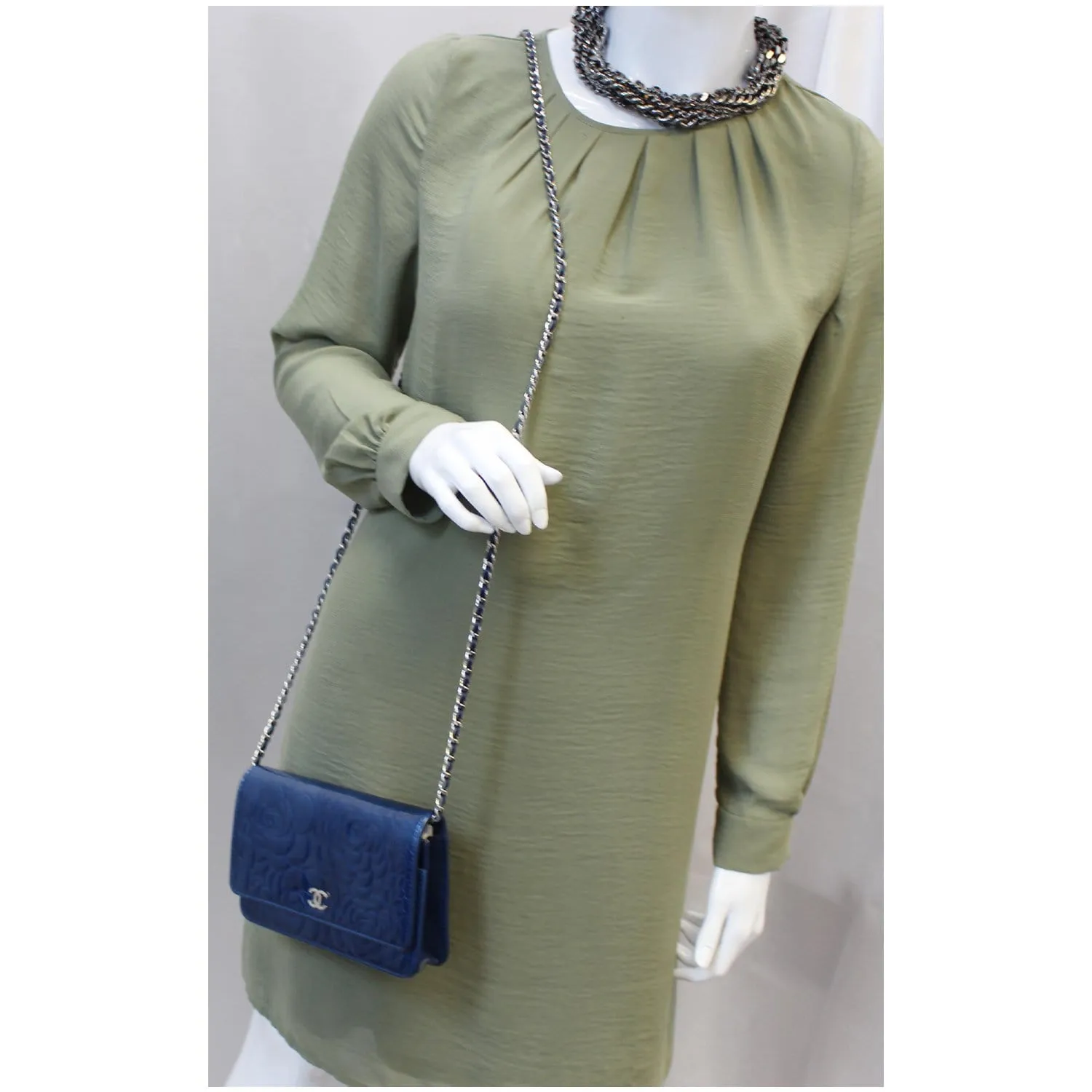 CHANEL Camellia Patent Leather Wallet on Chain WOC Royal Blue