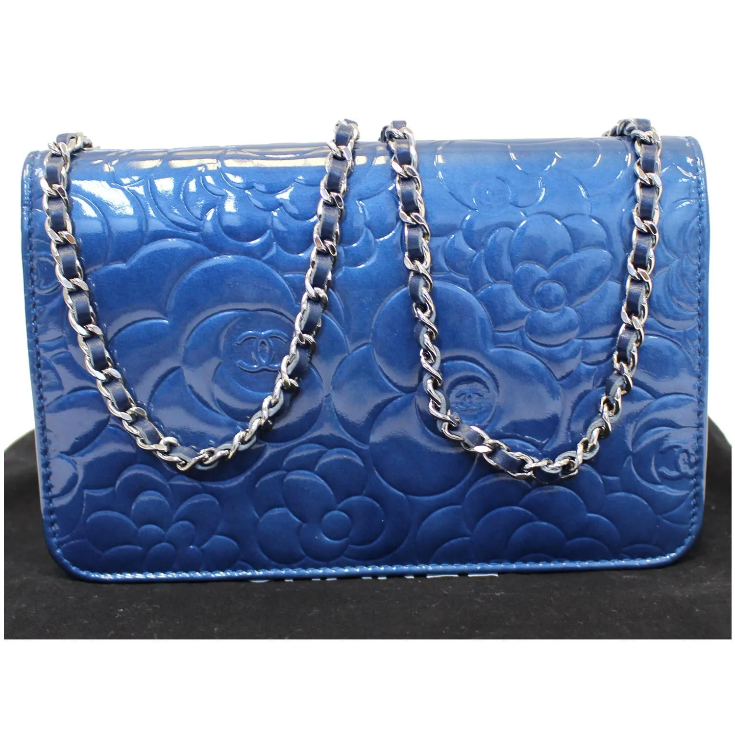 CHANEL Camellia Patent Leather Wallet on Chain WOC Royal Blue