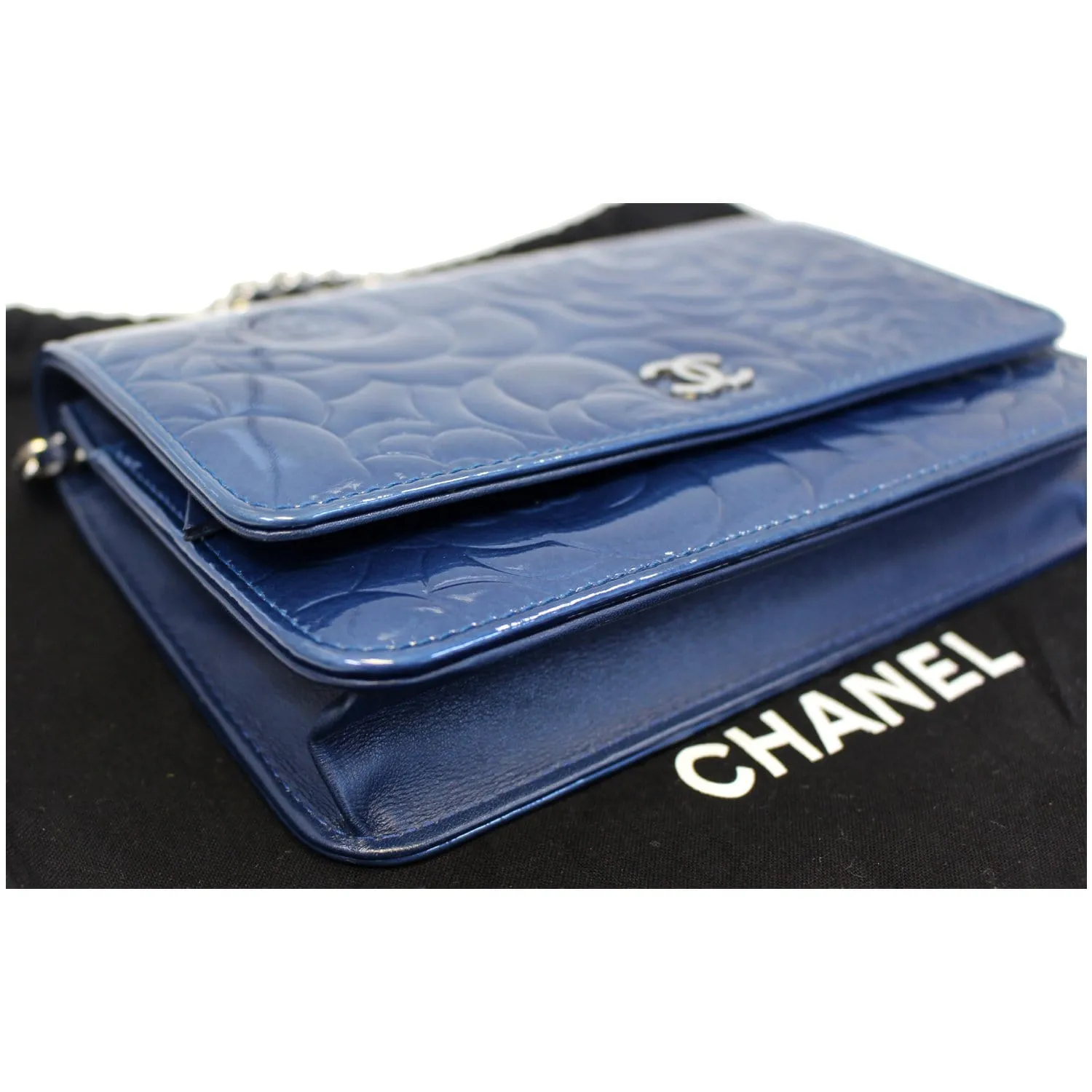 CHANEL Camellia Patent Leather Wallet on Chain WOC Royal Blue