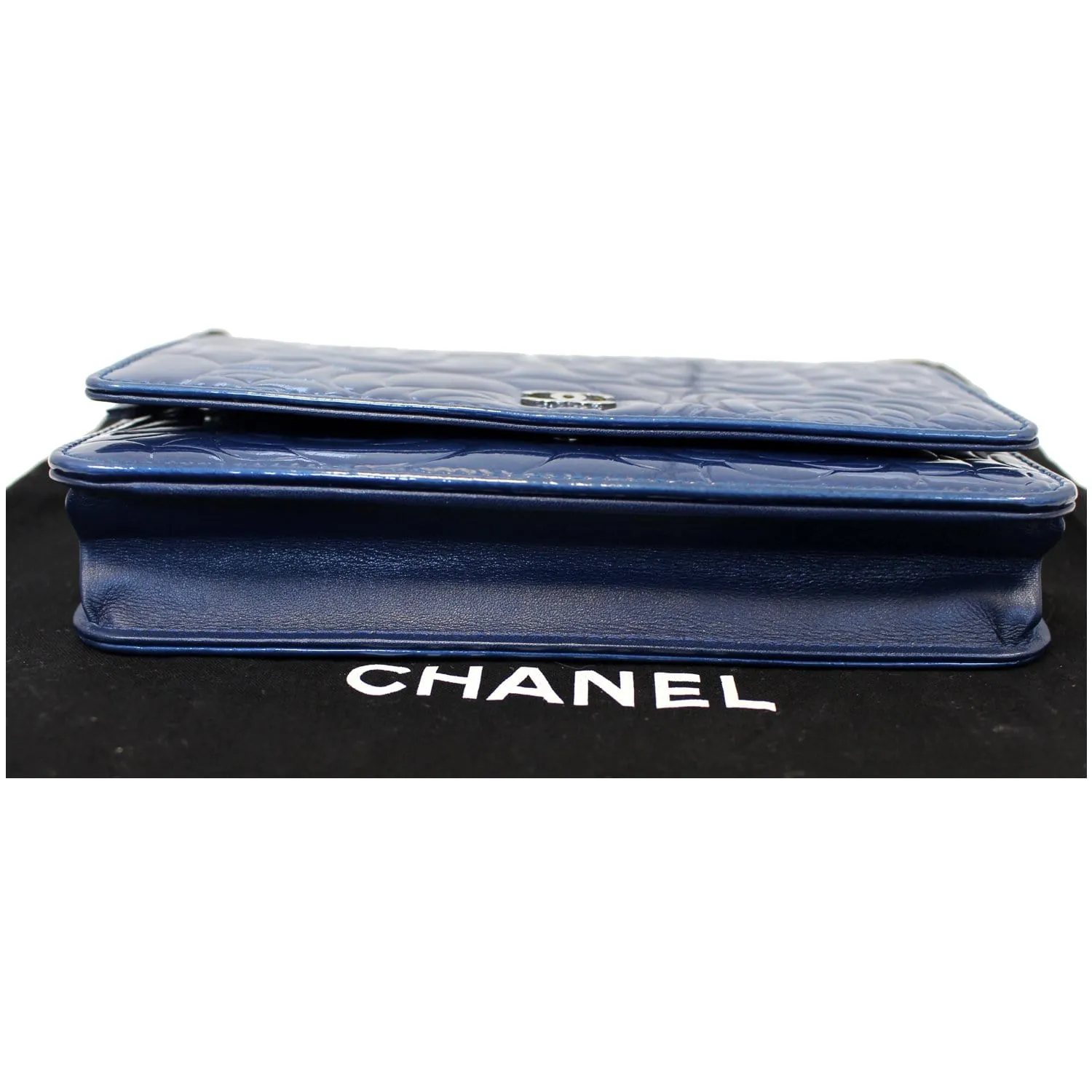 CHANEL Camellia Patent Leather Wallet on Chain WOC Royal Blue