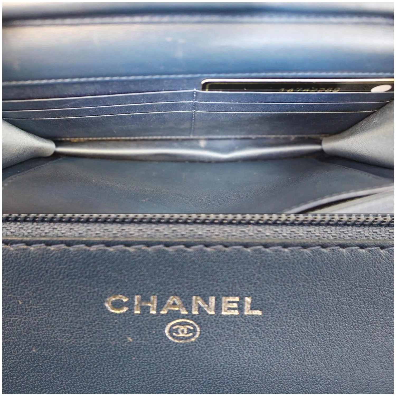 CHANEL Camellia Patent Leather Wallet on Chain WOC Royal Blue